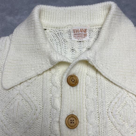 Vintage Thane Fisherman Sweater Mens M Ivory Cable Knit Polo Style 70s Grandpa - Picture 4 of 6
